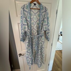 Ann Taylor belted Aqua Blue & White Block Print Linen Caftan Swim Coverup NWOT